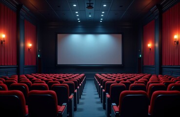 Fototapeta premium Empty movie theater interior with rows of red seats facing a blank screen. Dark colors and classic design. Suitable for various scenes. Potential for films, concerts, or other entertainment.