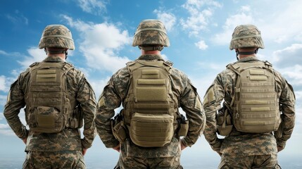 Soldiers Wearing Camouflage Gear Facing Away Under Blue Sky with Clouds in Background