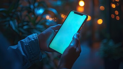 Close-up of hands holding a smartphone with a blank screen in a dark setting with blurry lights in the background.