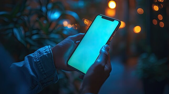 Close-up of hands holding a smartphone with a blank screen in a dark setting with blurry lights in the background.