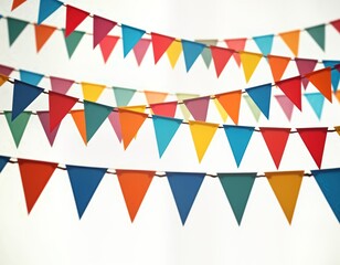 Fototapeta premium Colorful party pennant triangles hang in rows against transparent background. Vibrant colors create festive, cheerful atmosphere ideal for celebrations like birthdays carnivals. Set of pennants