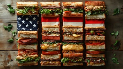 Minimalist and Elegant American Flag Crafted from Gourmet Sandwiches
