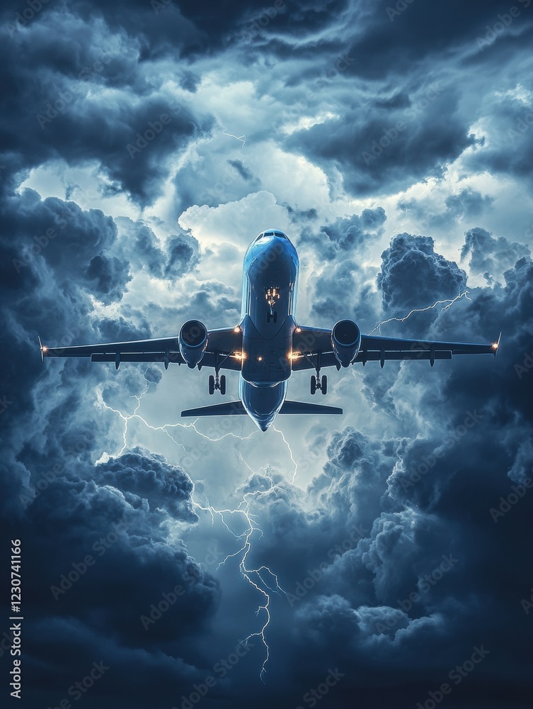 Poster Airplane navigates through dark, turbulent clouds during a stormy evening flight in unpredictable weather conditions. Generative AI