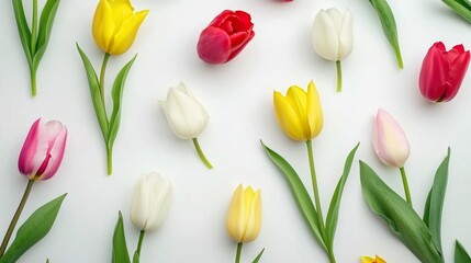 Obraz premium Colorful Tulips on White Background in Artistic Floral Arrangement