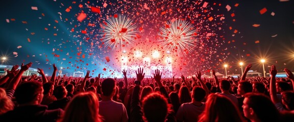 Massive crowd enjoys festive outdoor event at night. People raise hands in joy. Confetti, fireworks explode above stage. Celebration atmosphere. Energetic youth, adults. Public gathering. Festive