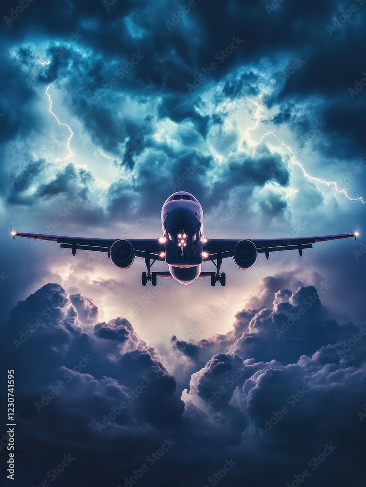 Poster airplane navigates through turbulent stormy clouds with lightning illuminating the sky above. genera