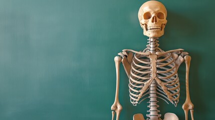 Anatomical Skeleton Model Displayed Against Classroom Chalkboard