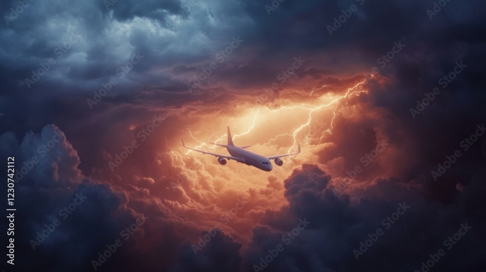 Poster airplane navigates turbulent stormy clouds with flashes of lightning in dramatic sky backdrop. gener