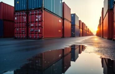 Fototapeta premium Logistics network shows many red, blue containers stacked neatly. Sunrise lights up parking lot water puddles reflect containers. Efficient distribution, transportation of goods visible. Modern,