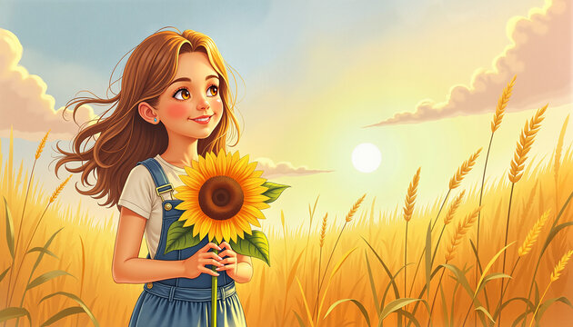 Young girl holding sunflower in golden field, radiating hopefulness
