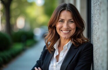 Fototapeta premium Confident businesswoman stands smiling in city setting. Pro, approachable woman in business attire. Outdoor headshot. Successful realtor, luxury real estate agent. Modern, stylish. Executive manager