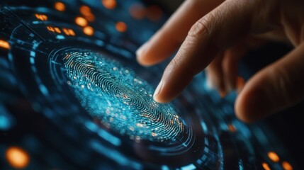 Finger Touching Glowing Blue Digital Interface Screen