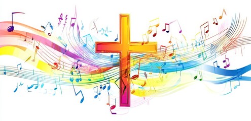 Dynamic and colorful cross and music staff design in a modern style template, suitable for gospel church music concerts, choir performances, Christian themes, and prayer ceremonies.