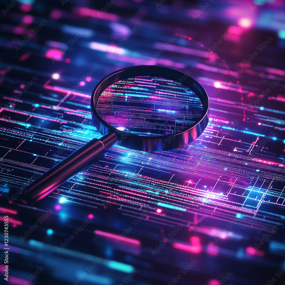 Poster a digital magnifying glass focusing on a dynamic abstract data network, symbolizing analysis, techno