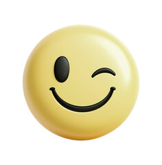 A bright yellow 3D winking smiley face emoji with a cheerful expression, isolated on transparent and white background