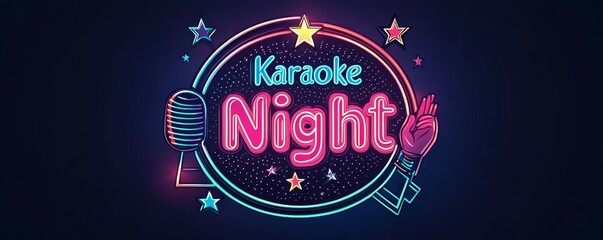 Experience a modern karaoke night illuminated by a neon sign, bright logo, and symbolic light banner, perfect for promoting a lively karaoke bar, party, disco bar, and nightclub with live music. The