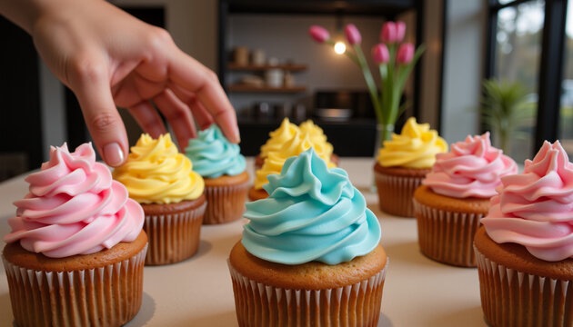 Baker arranging colorful Easter-themed cupcakes at bakery, festive delight