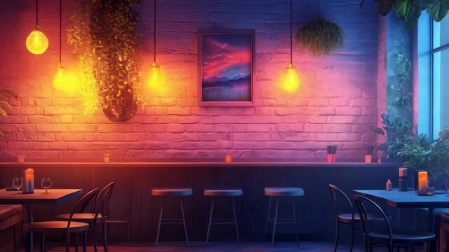 Cozy evening ambiance in a modern caf? with warm lighting and greenery