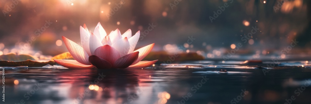 Poster serene water lily blooms on calm pond during golden hour in tranquil setting. generative ai