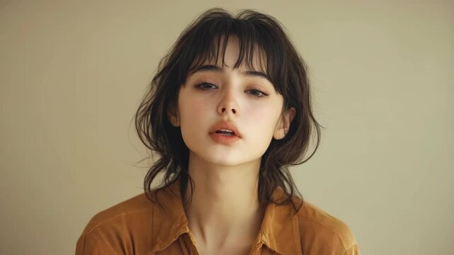 Young woman expresses calm contemplation amidst subtle changes in mood
