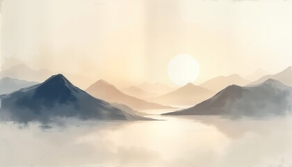Calm mountain landscape illustration. Sunrise sunset over misty lake, mountains. Beige, white color palette. Abstract art style. Simple design. Ideal for wall decor poster. Contemporary style.