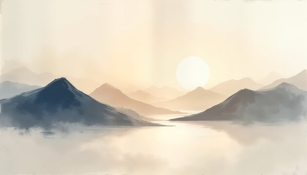 Calm mountain landscape illustration. Sunrise sunset over misty lake, mountains. Beige, white color palette. Abstract art style. Simple design. Ideal for wall decor poster. Contemporary style.