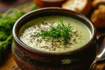 A bowl of soup with bread on a wooden table