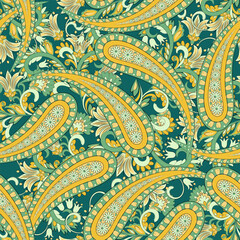 Paisley ethnic seamless vector pattern with floral elements.