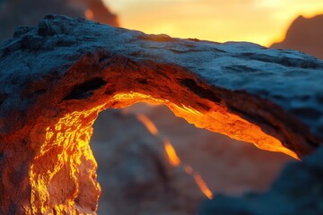 Fototapeta premium Sunset illuminates a natural rock arch, creating a fiery glow within its stone embrace.
