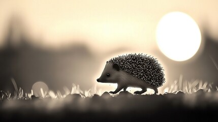 Obraz premium A monochrome photograph captures a hedgehog strolling through the grass with the sun in the backdrop