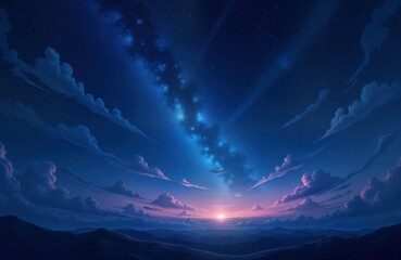Vast night sky with brilliant milky way. Soft pink sunset horizon over line of hills. Fluffy clouds drift across sky. Beautiful starry scene. Perfect for wallpaper background for tech social media.