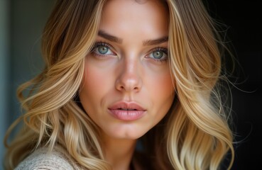 Naklejka premium Closeup view of beautiful woman with gorgeous golden blonde hair. Textured waves, natural makeup enhance features. Lady captivating gaze, radiant skin. Attractive woman with bright eyes, soft