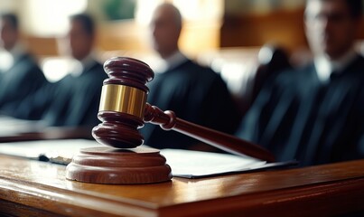 A gavel rests on a wooden court desk as judges in black robes listen intently to proceedings. Natural light filters through the courtroom, creating a serious atmosphere