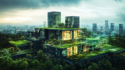 Fototapeta premium Futuristic Green City Rooftop Building at Night