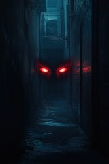 Glowing Eyes in Dark Alleyway, Night, Horror
