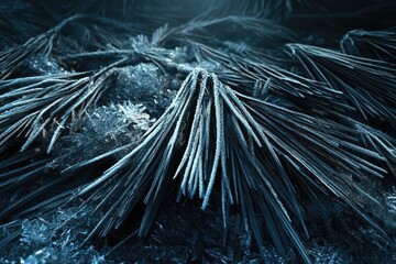 Frost-covered pine needles create a stunning winter scene, showcasing intricate ice crystals and dark, moody tones.