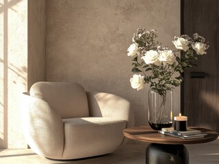 A cozy living room features a white chair with a fluffy texture, positioned in front of a wooden coffee table. The table is adorned with a vase of white flowers and a lit candle, creating a warm
