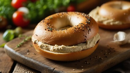 Freshly prepared bagel with hummus and herbs on a wooden serving board