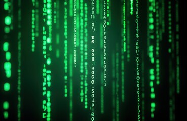 Futuristic digital matrix displays falling green code at night. Abstract representation of virtual space, tech. Vivid neon glow enhances complex pattern. No people in image. Suitable for tech