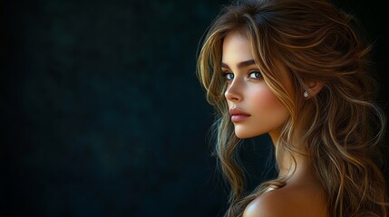Fototapeta premium Portrait of a young woman with flowing hair against a dark background, exuding elegance