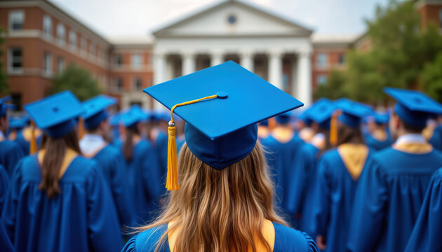 Group of high school graduates in blue gowns, graduation caps. Students stand in row at graduation ceremony. Image captures moment of achievement, unity. Diversity symbolized by mixture of blond,
