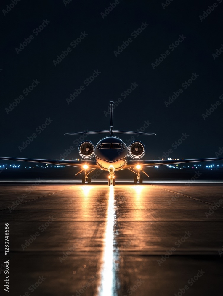 Aufkleber Illuminated runway with airplane preparing for takeoff at night surrounded by navigation lights. Generative AI