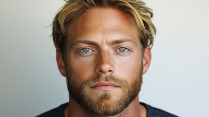 Obraz premium A man with light hair and a beard shows a thoughtful expression. He is centered against a plain background