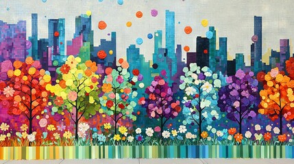 Obraz premium A vibrant depiction of a cityscape featuring brilliant flowers in the foreground and festive balloons floating overhead in the sky
