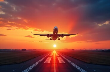 Naklejka premium Airplane takes off at sunset over runway. Scenic aerial view of aircraft departing. Stunning colors of sky and clouds. Peaceful departure at dusk. Scenic view of landscape.