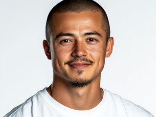 Obraz premium A young man smiles warmly while dressed casually in a white t shirt, showcasing a confident demeanor