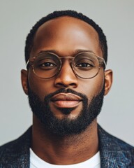 Obraz premium A man in a smart jacket and glasses exudes calm confidence against a neutral backdrop