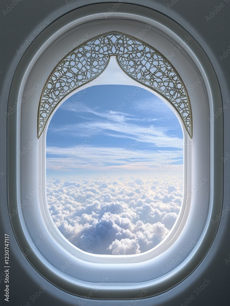 Poster view from an airplane wing showing fluffy clouds and a bright blue sky through an elegant window des