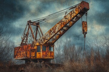 A rusty, abandoned crane stands silhouetted against a stormy sky, a relic of industrial past.