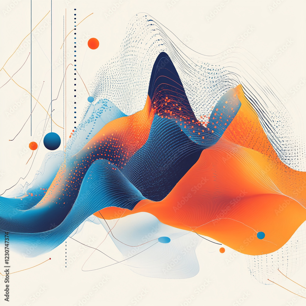 Poster abstract digital art featuring vibrant blue and orange flowing lines with geometric dots and curves,